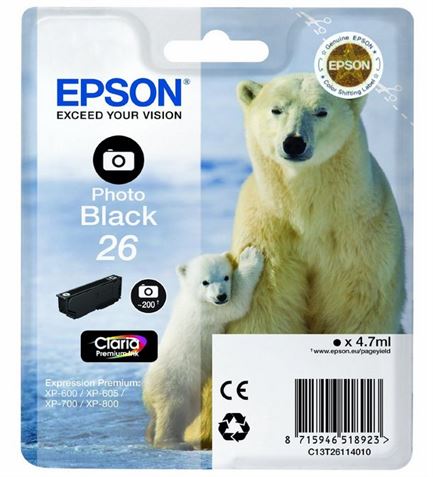 Tinteiro EPSON 26 Preto Foto - Expression Premium XP-5xx/6xx/7xx/8xx