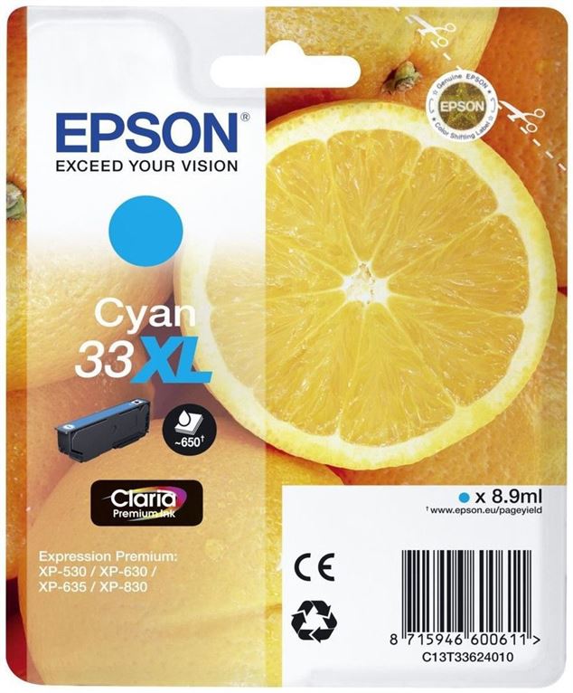 Tinteiro EPSON 33 Ciano XL - Expression Home XP-530/630/635/830/900/7100