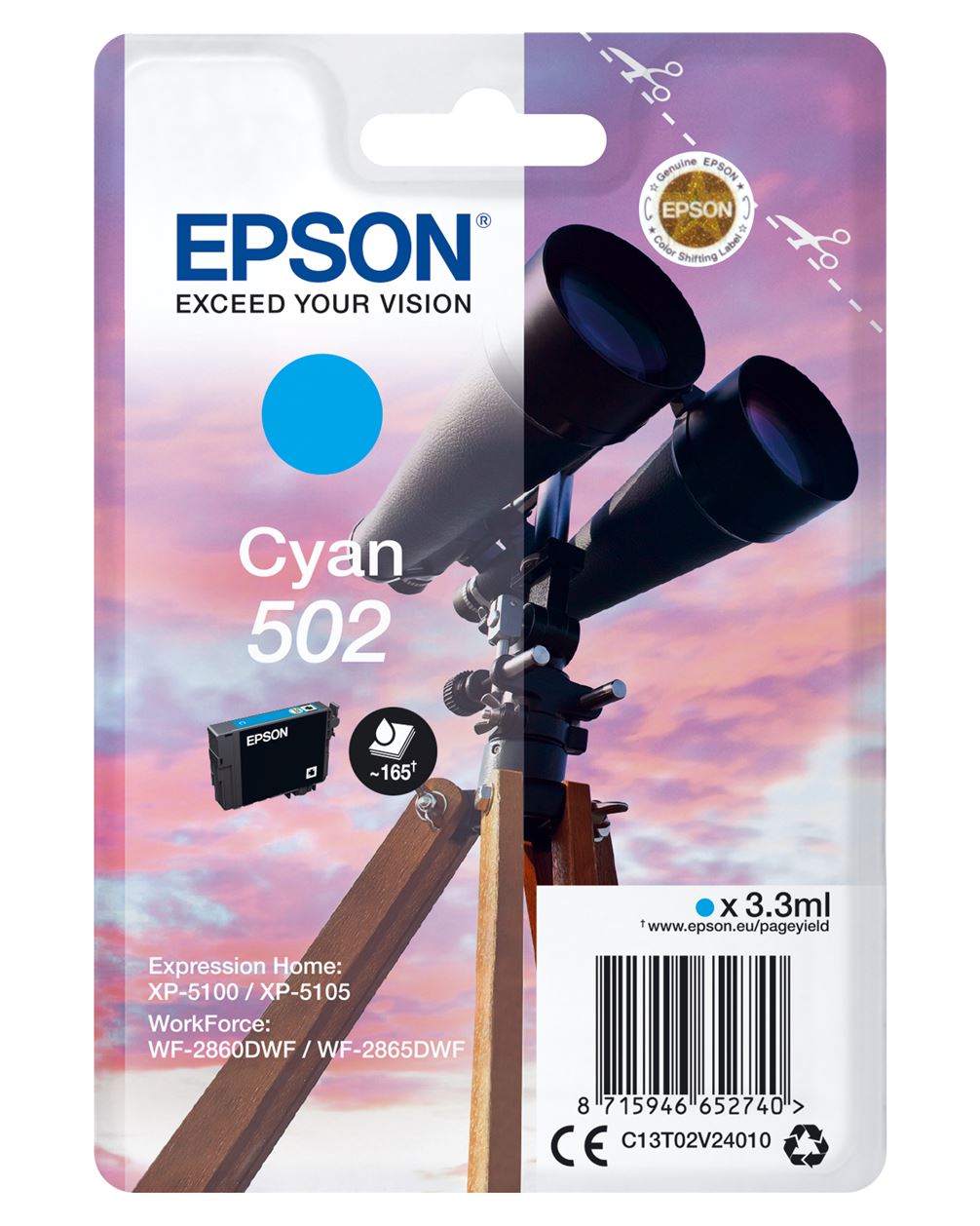 Tinteiro EPSON 502 Ciano + Alarme RF - XP-51xx, WF-286x
