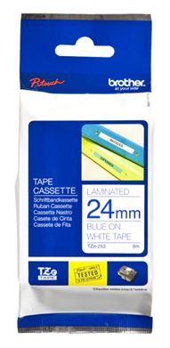 Fita BROTHER Laminada c/ texto Azul e fundo Branco 24mm x 8m