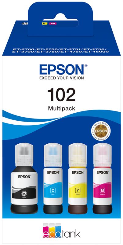 Recarga de Tinta EPSON Serie 102 Multipack 4 cores - EcoTank 2700/2750/2751/2756/3700/3750/4750