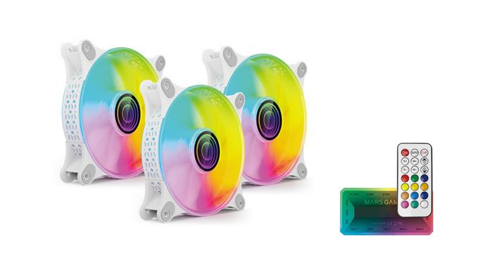 Ventoinha MARS GAMING MF-3DKIT,3X12CM INFI MIRROR FAN,10C ARGB CONTROL BOX,RF REMOTE & MB CONTROL,WH