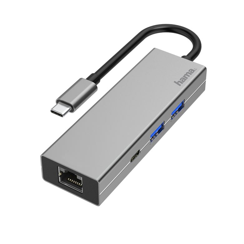 Hub HAMA USB-C Multiportas, 4 Ports, 2 x USB-A, USB-C, LAN/Ethernet,Aluminio - 200108