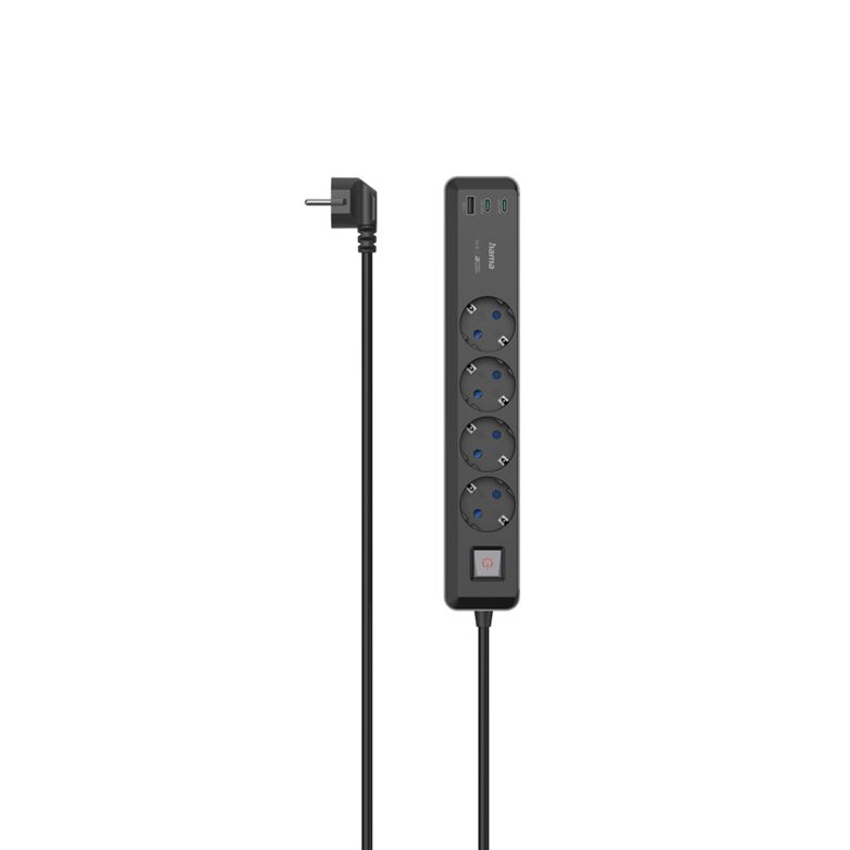 Extensão eléctrica HAMA 4 tomadas, USB-C / A 65W, PD 1,4 m, 223189