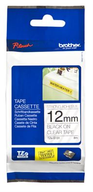 Fita BROTHER Laminada super adesiva c/ texto preto e fundo transparente 12mm x 8m