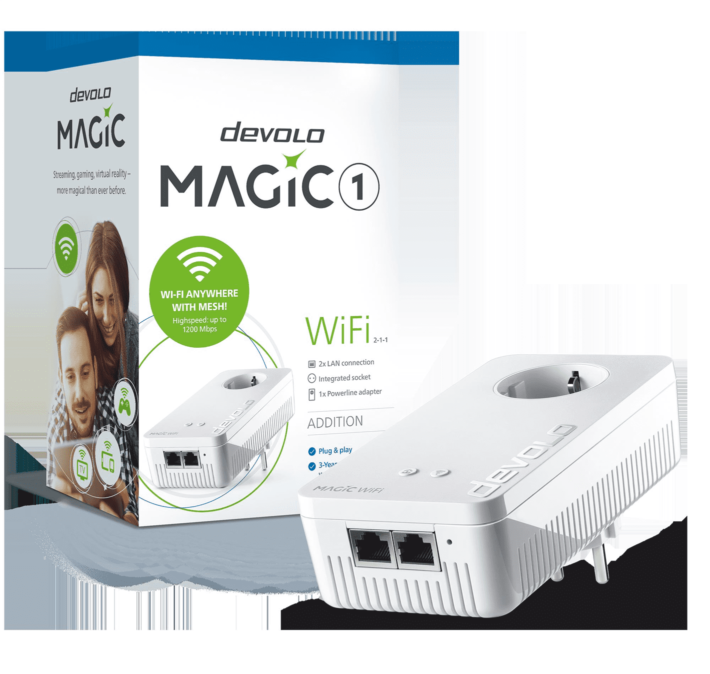 devolo Magic 1 WiFi,Adaptador adicional,Velocid. PLC até 1200Mbps,Wi-Fi mesh c/ 2 Portas LAN- PT8358