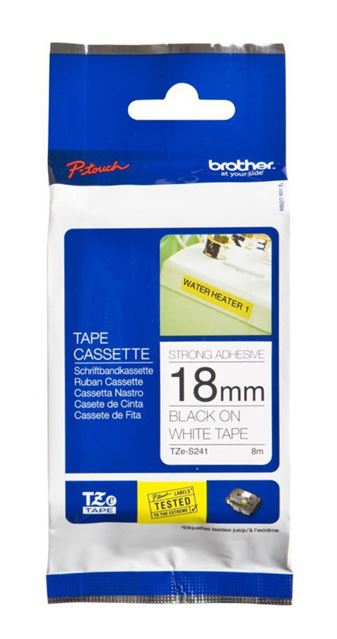 Fita BROTHER Laminada Super Adesiva c/ texto Preto e fundo Branco 18mm