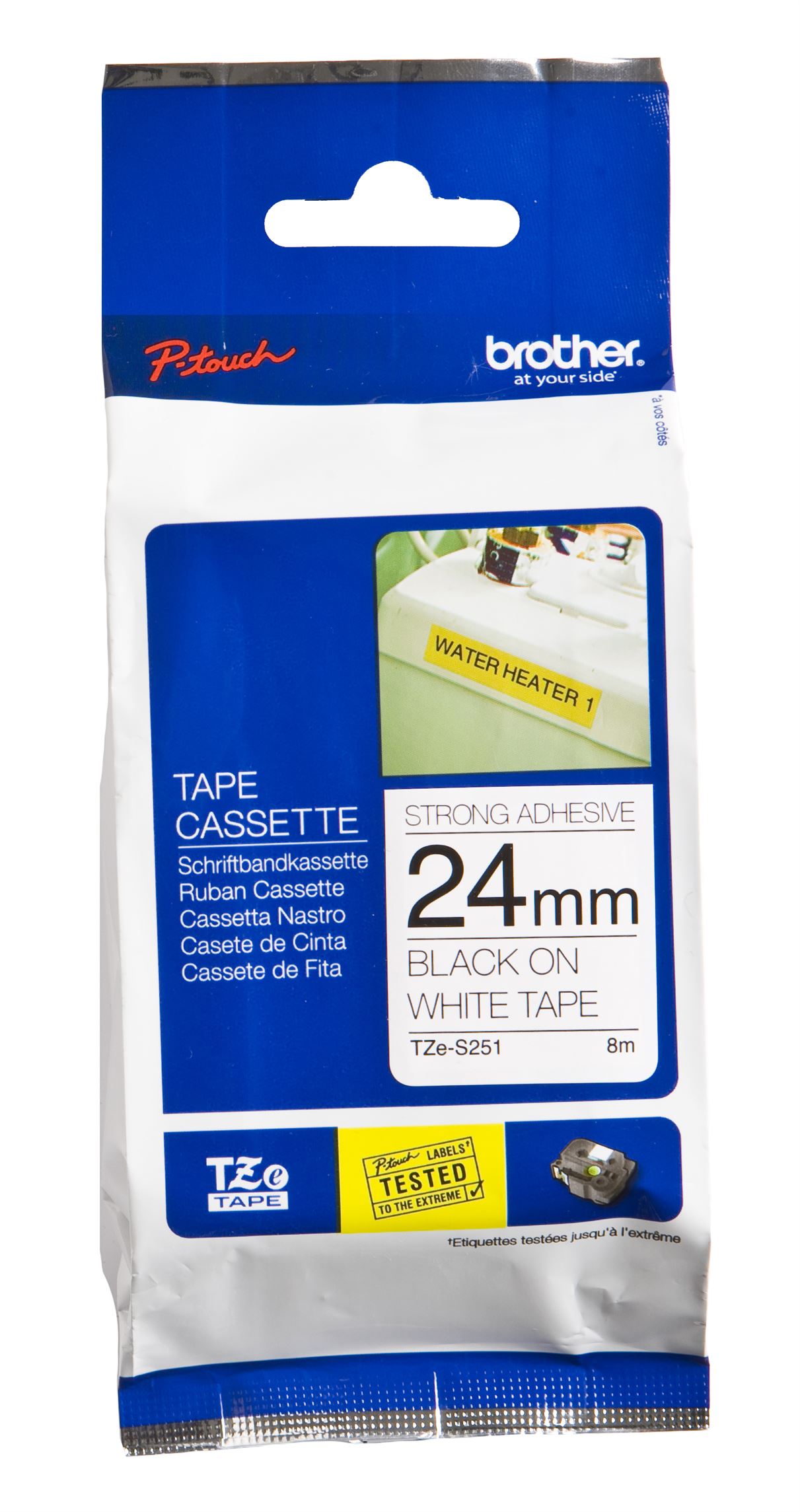 Fita BROTHER Laminada Super Adesiva c/ texto Preto e fundo Branco 24mm