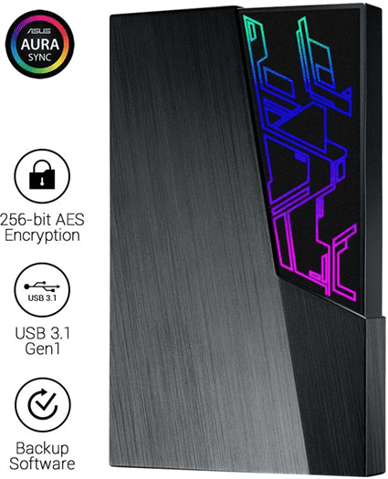 Disco Ext 2.5 USB 3. 1TB ASUS FX  Aura Sync RGB Encriptação AES de 256-bit, Backup Aut.